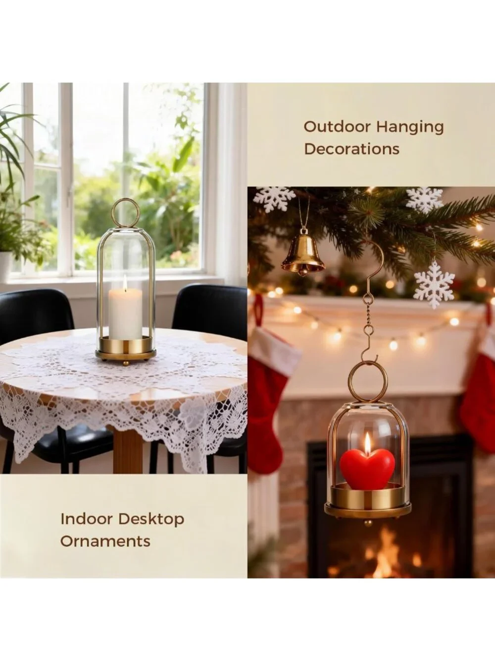 Set of 2 Hurricane Glass Candle Holders - Brass Hanging Pillar Candle Decor